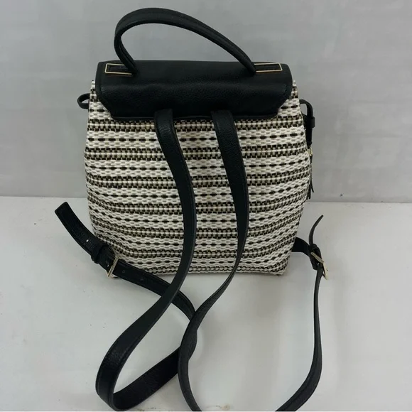 Kate Spade New York Black Leather & Woven Straw Backpack Purse - Picture 2 of 13
